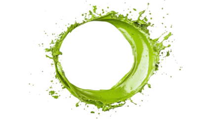 Green paint splashing and forming a circle on transparent background