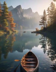 Fototapeta premium Soft mist envelops a serene lake where a solitary wooden canoe is moored to the shore, tranquility, soft mist