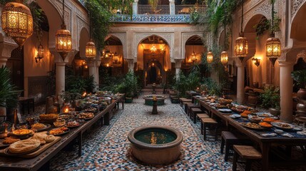 A Moroccan Riad's Enchanting Courtyard: A Lavish Feast Under the Warm Glow of Lanterns