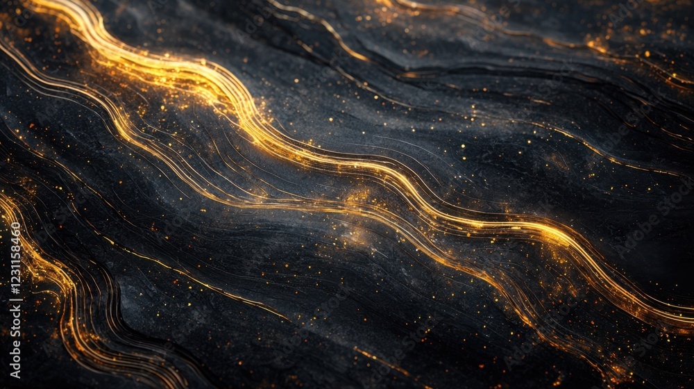 Poster abstract black and gold waves with sparkling light patterns