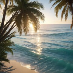 Fototapeta premium Soft sunlight filters through swaying palm fronds as a gentle wave rolls in, illuminating the crystal clear blue waters of the ocean, peaceful atmosphere, natural beauty, ocean waves, sandy shore