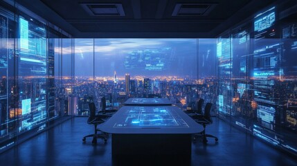 Fototapeta premium Modern Office with Futuristic City Night View and Data Displays