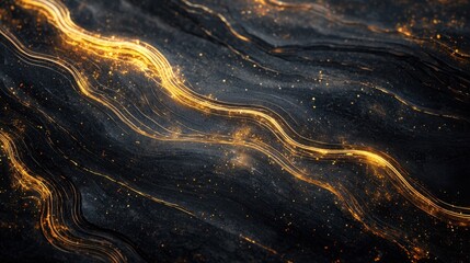 Abstract Black and Gold Waves with Sparkling Light Patterns