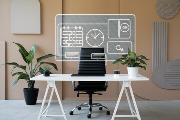Modern Office Workspace with Digital Interface Overlay