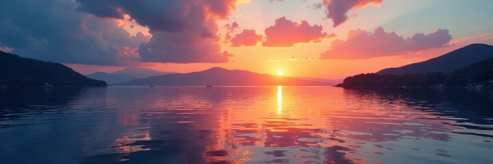 Fototapeta premium Serene lake at sunset with boats on the horizon, calm, serene landscape