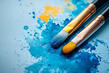 Artistic Paintbrushes on Blue and Yellow Watercolor Splashes
