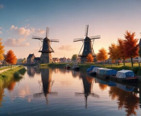 Fototapeta premium Panorama of a windmill situated near a canal with boats floating in the water, canalside, windmills