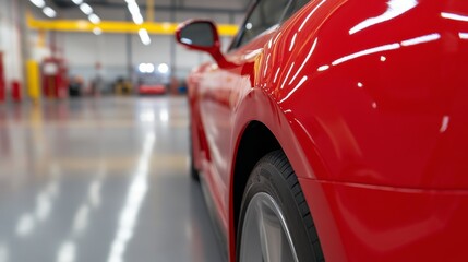 Sleek red car parked securely inside a modern garage, automotive photography 