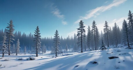 panoramic view of a snowy forest with a blue gradient sky above , blue gradient, serene beauty, winter wonderland