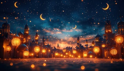 Magical Night Scene Lantern Lit Cityscape under Starry Sky Crescent Moons