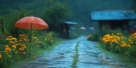 Naklejka premium Rainy Season Landscape with Umbrella and Flowers in Realistic Style