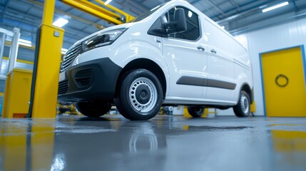 White van parked inside warehouse, logistics, transport, delivery, cargo, storage