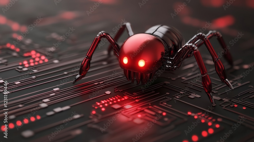 Poster glowing digital circuit board with bug led red lights