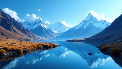 Naklejka premium Snow-capped peaks against a blue sky with a serene pond below, reflective, landscape, serene