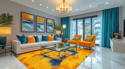 Modern living room, teal accents, yellow rug, pool view