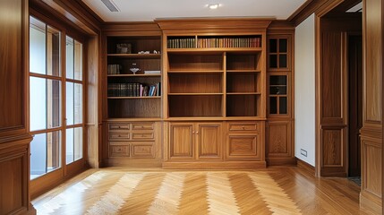 Fototapeta premium Elegant wooden bookcase in a study, rich wood tones create a sophisticated ambiance, ideal for home design and real estate listings.