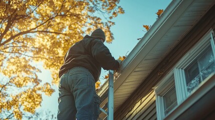 Person Cleaning Leaves from Gutter in Autumn with Golden Leaves