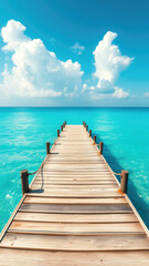 Obraz premium Picturesque wooden pier extending into calm ocean under blue sky, wooden pier, outdoor