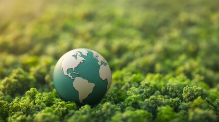Green globe in a serene field, symbol of environmental conservation, sustainability and global harmony