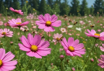 Obraz premium Pink cosmos flowers with bees pollinating on a meadow, spring, meadow