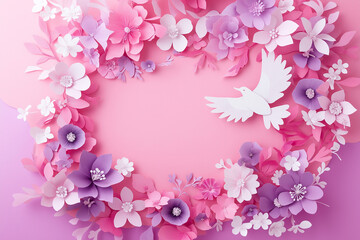 Intricate Paper Art of White Bird and Pastel Flowers on Pink Background Showcasing Delicate Craftsmanship and Creativity