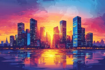 Obraz premium Vibrant City Skyline at Sunset Reflecting on Water