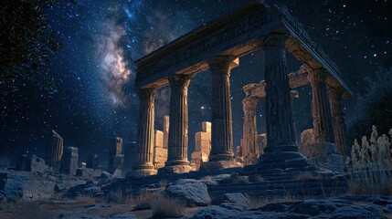 Obraz premium Ancient ruins under a mesmerizing starry night sky landscape