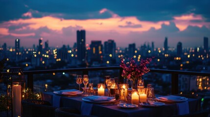Fototapeta premium Romantic Dinner Setting with City Skyline and Sunset Background