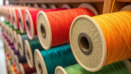 A close-up of vibrant spools of yarn, showcasing various colors and textures in an artistic display. This image captures the essence of artistic craftsmanship and creativity. 

