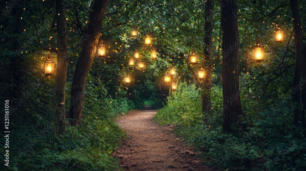 Poster tranquil forest path with ethereal lanterns illuminating nature