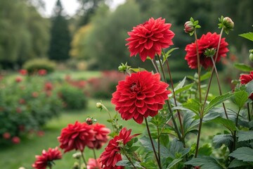Red dahlia pinnata flowers in full bloom against a green garden backdrop, horticultural photography, greenery, dahlia pinnata, garden flowers
