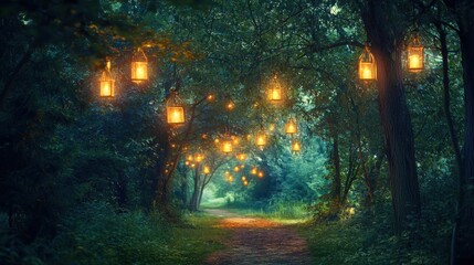 Fototapeta premium Enchanted Forest Pathway Decorated with Glowing Lanterns