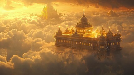 Obraz premium Golden Light Over Mystical Castle in Dreamy Cloud Landscape