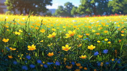 Obraz premium Bright Yellow Wildflowers Flourishing in a Lush Meadow with Forest Canopy Above on a Bright Sunny Day Spring Aesthetic Wallpaper Digital Drawing Illustration