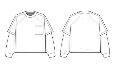 Layered Contrast-Sleeve Raglan T-Shirt Technical Fashion Illustration. Two-in-One Illusion Tee with Chest Pocket Vector Template. Front and back view. Relaxed Fit. Unisex Streetwear. CAD Mockup Set.