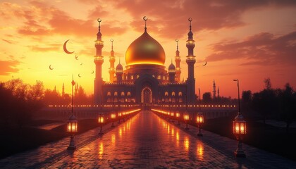 Majestic Mosque at Sunset Golden Dome Islamic Architecture Ramadan Night Scene