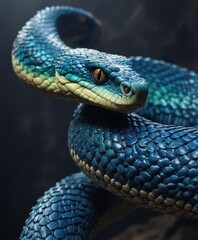 Fototapeta premium Scales of blue viper snake glistening in the light, vibrant, reflective