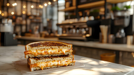 Two halves of a grilled cheese sandwich with a visible cheese pull are stacked on a cutting board in a cafe setting.