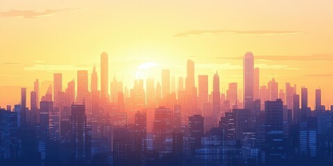 Fototapeta premium Cityscape Silhouette at Sunset Golden Hour Glow