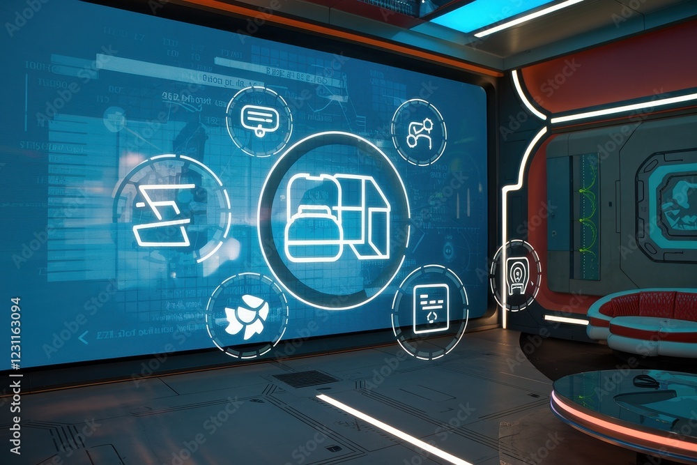 Poster futuristic control room interface: data visualization and collaboration