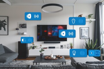 Naklejka premium Smart Home Technology: Modern Living Room with IoT Devices