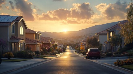 Sunset over a Residential Street in a Suburban Neighborhood