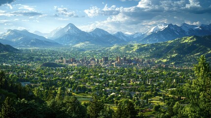 Obraz premium Scenic Mountain View Overlooking Lush Valley and Urban Landscape