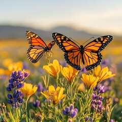 Fototapeta premium Vibrant meadow ecosystem filled with blooming wildflowers butterflies and bees