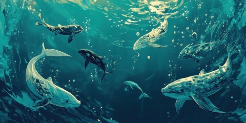 Obraz premium Whales swim gracefully in a teal ocean