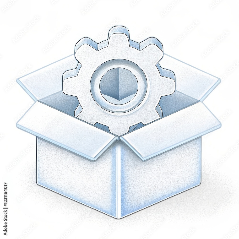 Poster a blue and white open box with a gear inside, symbolizing software or product configuration and setu