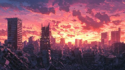 Fototapeta premium Post-Apocalyptic Cityscape at Sunset with Dramatic Sky Colors