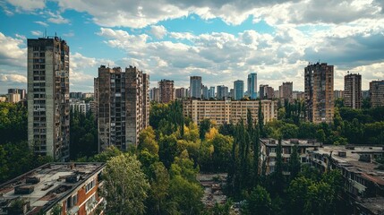 Fototapeta premium Urban Landscape with Tall Buildings and Lush Green Trees