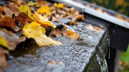 Naklejka premium Colorful Autumn Leaves on a Wet Surface with Gentle Raindrops