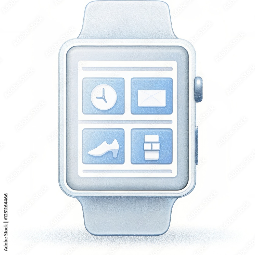 Poster a digital smartwatch displaying various icons for time, fitness, and notifications on a light backgr